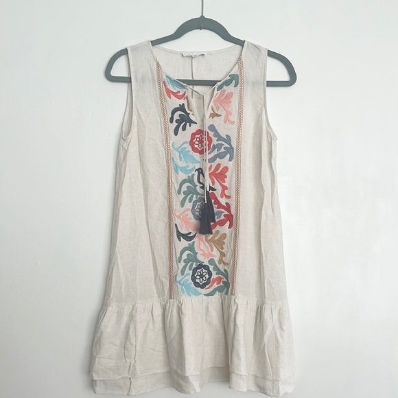 THML Taupe Embroidered Sleeveless Dress with Flutter Hem and Tassel Tie - Picture 3 of 6